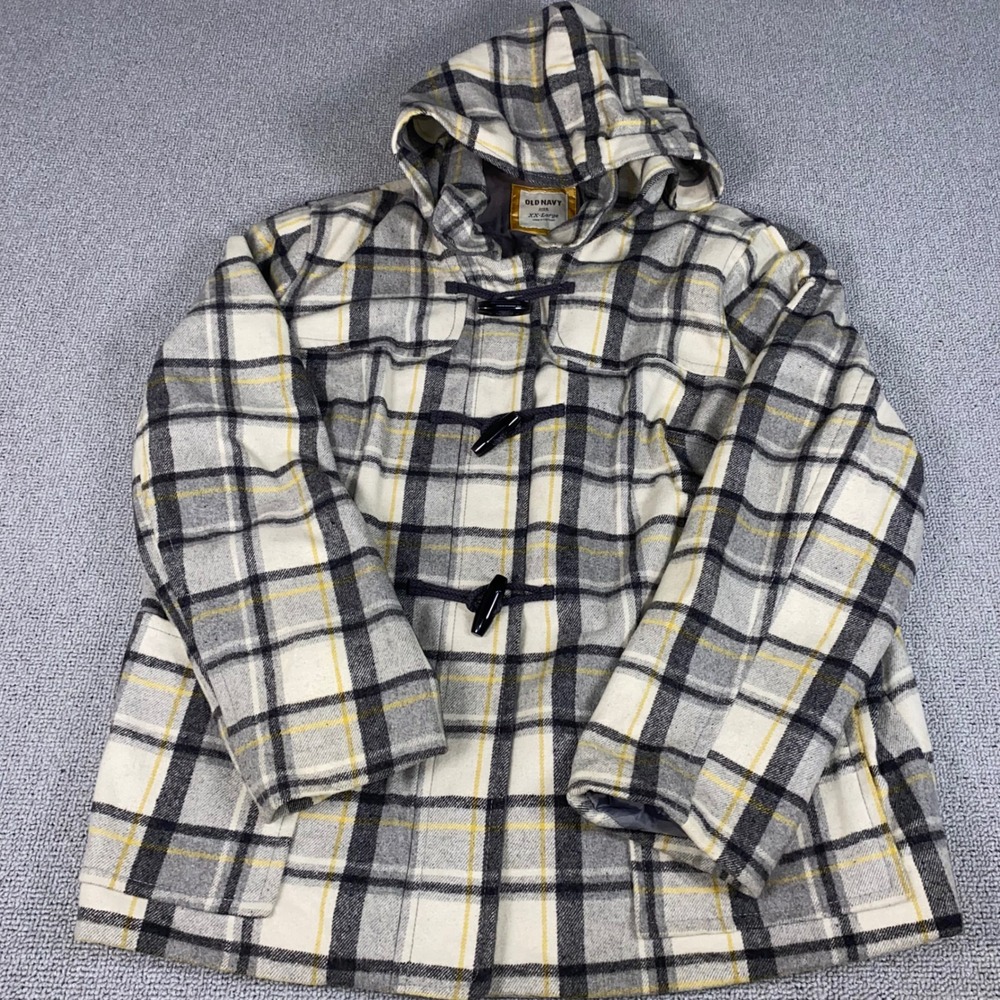 Old Navy Plaid Duffle Coat Women XXL Grey Yellow Wool Blend Hooded Jacket Casual